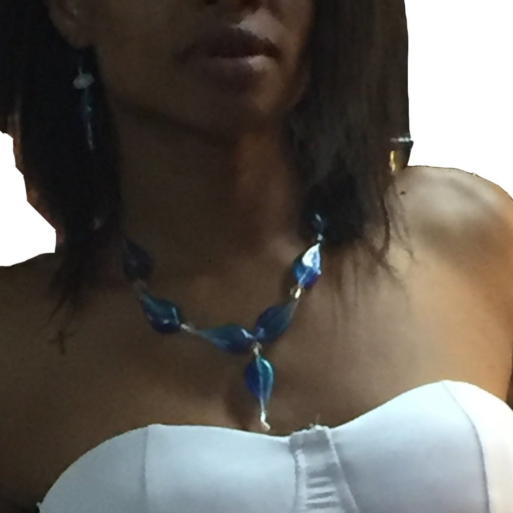"Twisted" Necklace & Earrings - Shimmering Blue Glass, Swarovski Crystals